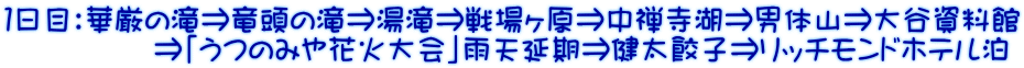 １日目：華厳の滝⇒竜頭の滝⇒湯滝⇒戦場ヶ原⇒中禅寺湖⇒男体山⇒大谷資料館 　　　　　⇒「うつのみや花火大会」雨天延期⇒健太餃子⇒リッチモンドホテル泊