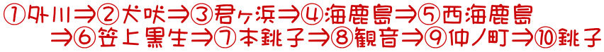 ①外川⇒②犬吠⇒③君ヶ浜⇒④海鹿島⇒⑤西海鹿島 　　⇒⑥笠上黒生⇒⑦本銚子⇒⑧観音⇒⑨仲ノ町⇒⑩銚子